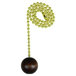 Lamp Pull Chain, Brass With Walnut Wood Ball, 12-In.