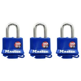 keyed Laminated Padlocks, Blue Weatherproof Covers, 3-Pack, 1-1/2 In.