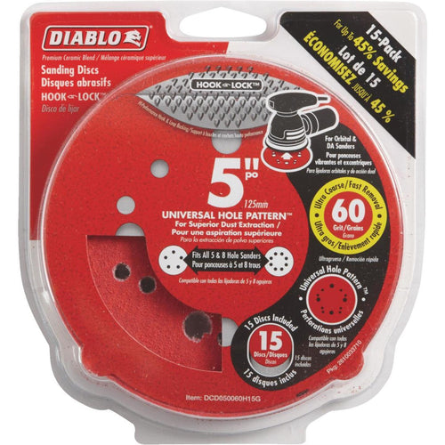 Diablo 5 In. 60-Grit Universal Hole Pattern Vented Sanding Disc with Hook and Lock Backing (15-Pack)