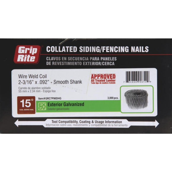 Grip-Rite 15 Degree Wire Weld Hot-Dipped Galvanized Coil Siding Nail, 2-3/16 In. x .092 In. (3000 Ct.)